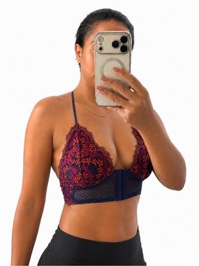 Y2K Free People Intimately Longline Lace Bralette Sheer Floral Navy Red M
